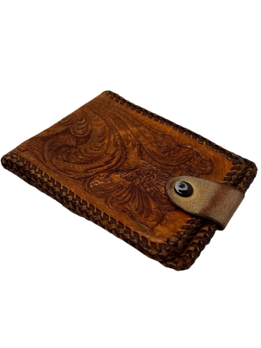 Vintage Tooled Leather Mens Wallet Bifold Western Snap Closure Brown Handmade